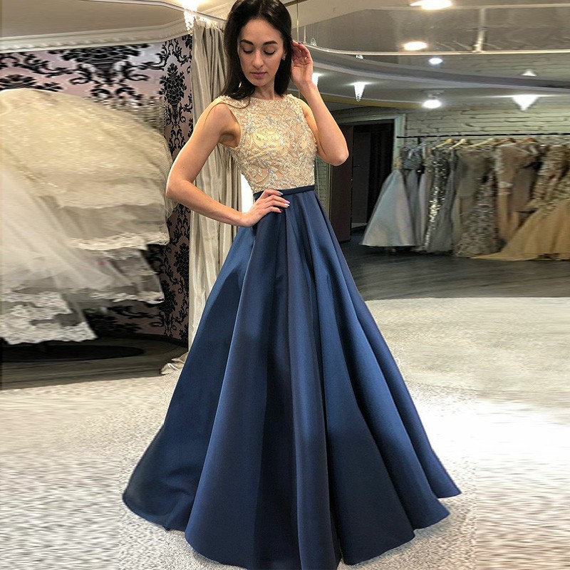 A-Line Round Neck Floor-Length Navy Blue Prom Dress with Sequins