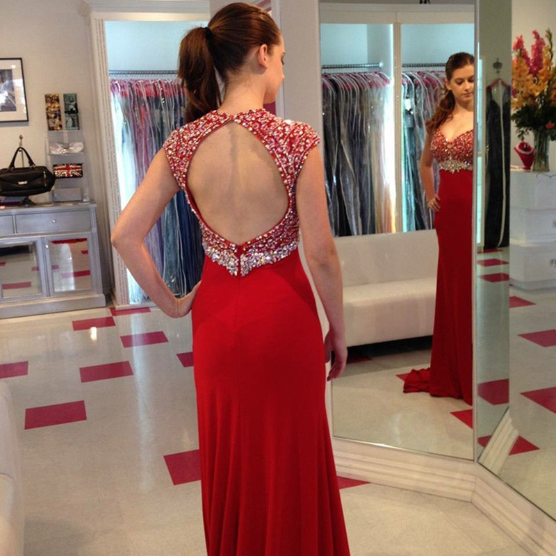 Mermaid Round Neck Open Back Red Prom Dress with Beading