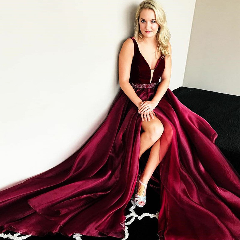A-Line V-Neck Sweep Train Burgundy Prom Dress with Beading
