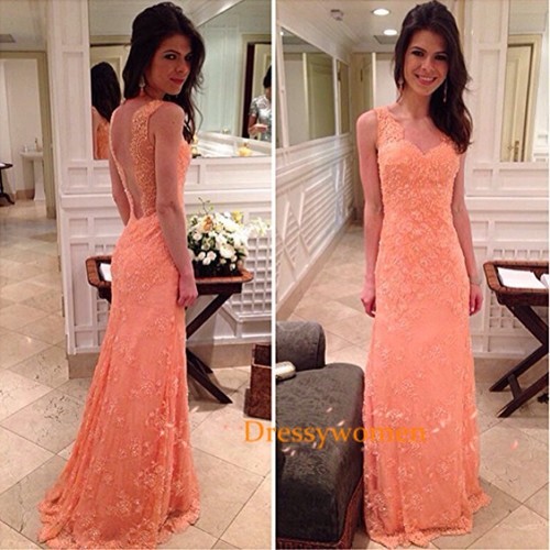 Elegtant Sexy Lace Open Back Orange Prom Straps / Long evening Dress CHPD-80023 with Flower