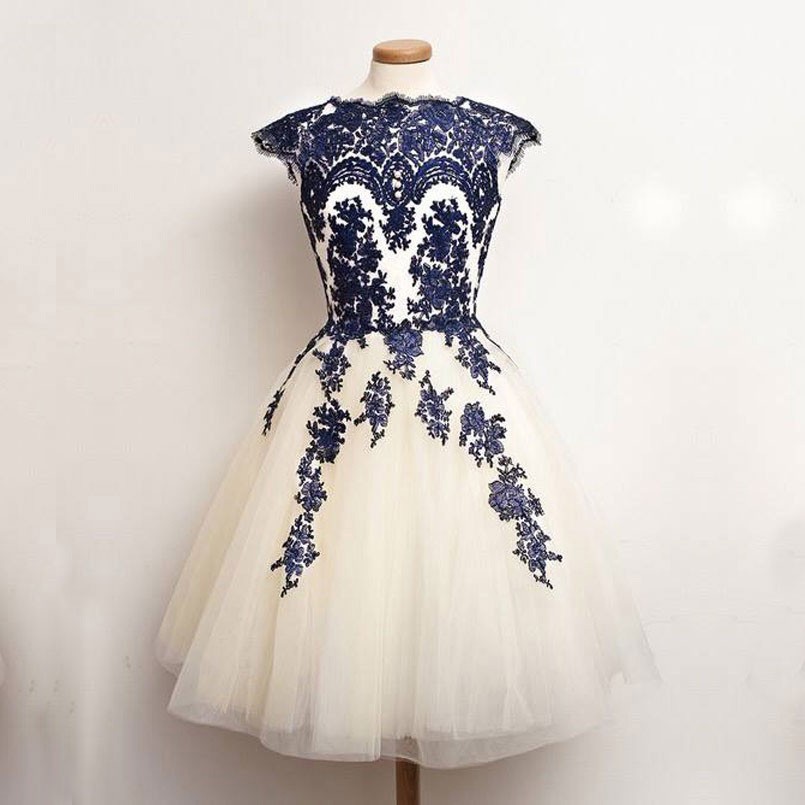 Vintage Prom/Homecoming Dress - White Tulle with Royal Blue Appliques