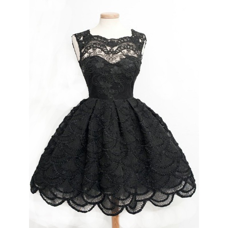 Classy Black Vintage Prom/Homecoming Dress - Scoop Ball Gown with Lace ...