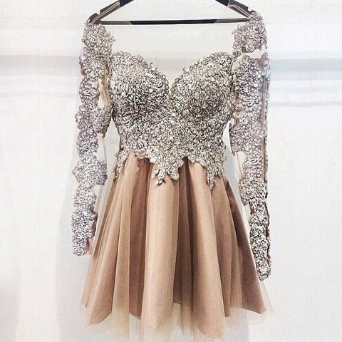 Short Cocktail/Prom/Homecoming Dress - Champagne Long Sleeves with Beaded