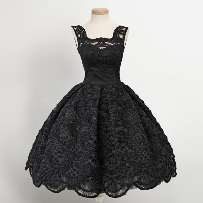 Vintage Ball Gown Square Knee-Length Black Lace Homecoming Dresses