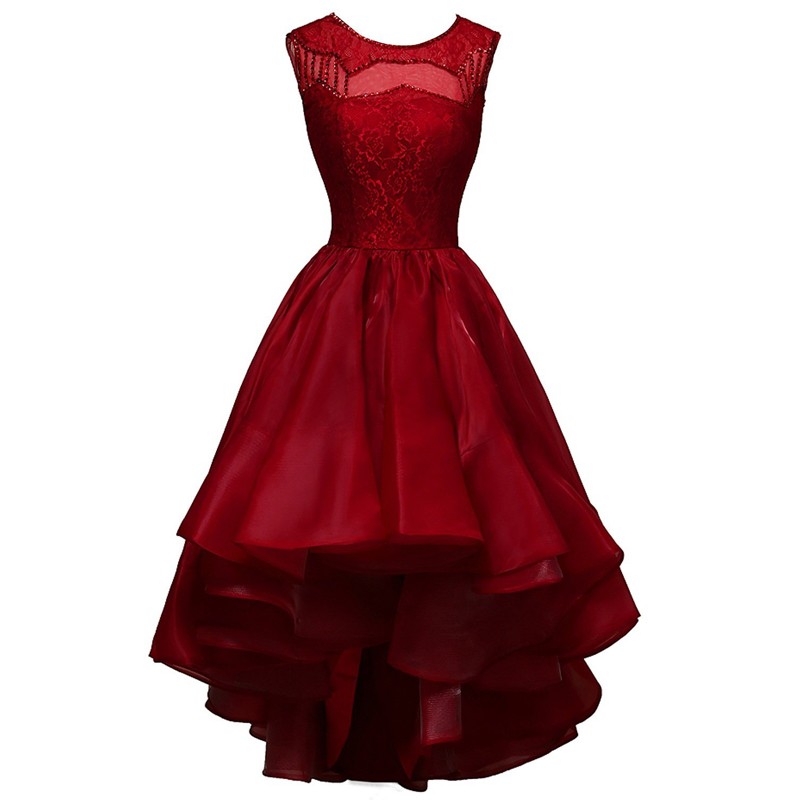 Classic Jewel Sleeveless High-Low Dark Red Homecoming Dresses Beaded with Lace