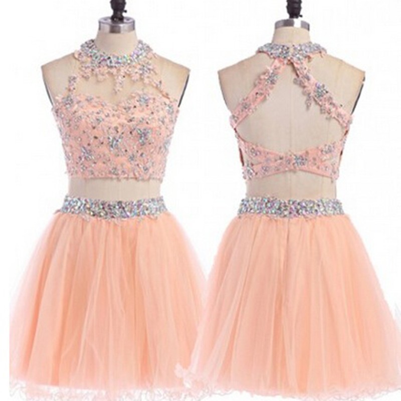 Exquisite Two Piece Short Open Back Homecoming Dresses with Beading Appliques