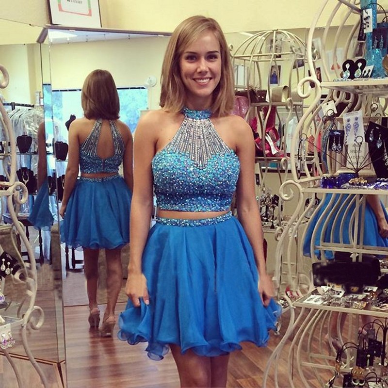 Stunning Two Piece Short Blue/Pink Homecoming Cocktail Dress with Pearls