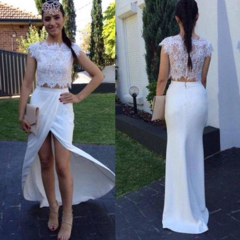 Glamorous Bateau Cap Sleeves Long Sheath Two Piece White Homecoming Dresses with Lace