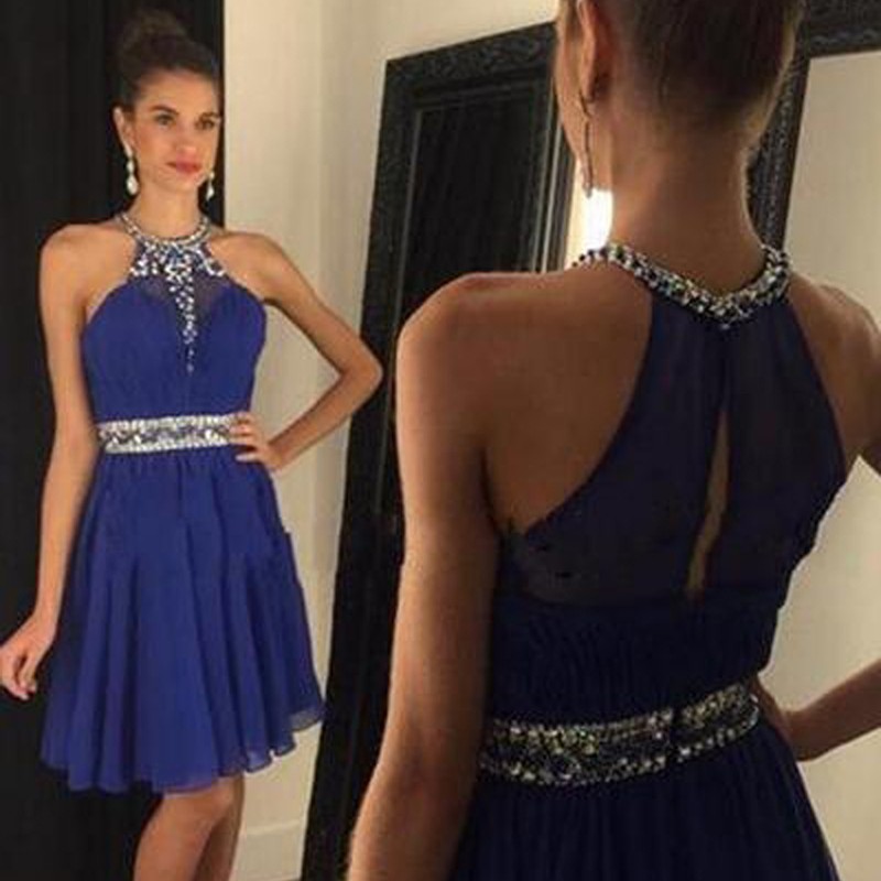 Hot-selling Halter Short Royal Blue Homecoming Dresses with Beaded Waist