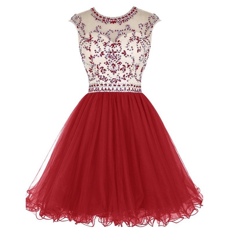 Modern Short Jewel Cap Sleeves Open Back Dark Red Homecoming Dresses Beaded