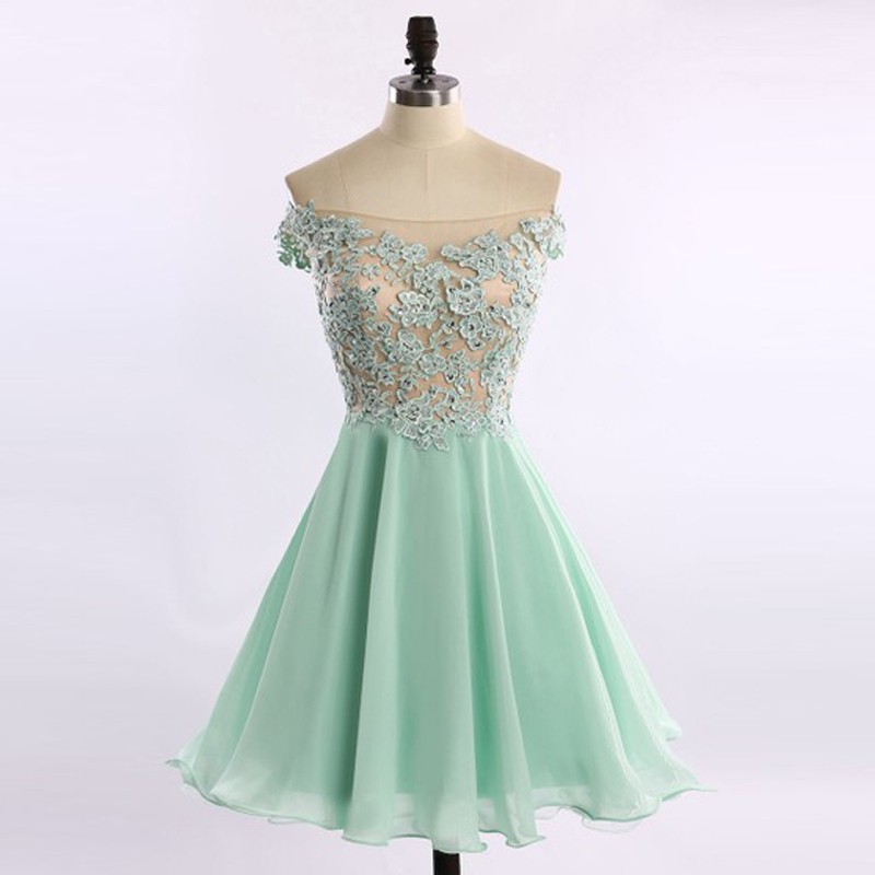 Fashion Off-the-shoulder Short Mint Homecoming Dresses with Appliques Beaded