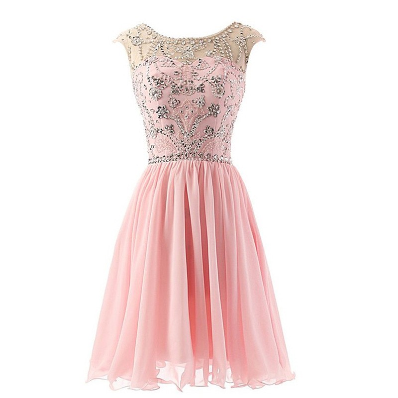 Elegant Bateau Cap Sleeves Short Chiffon Pink Homecoming Dress with Beading Rhinestones