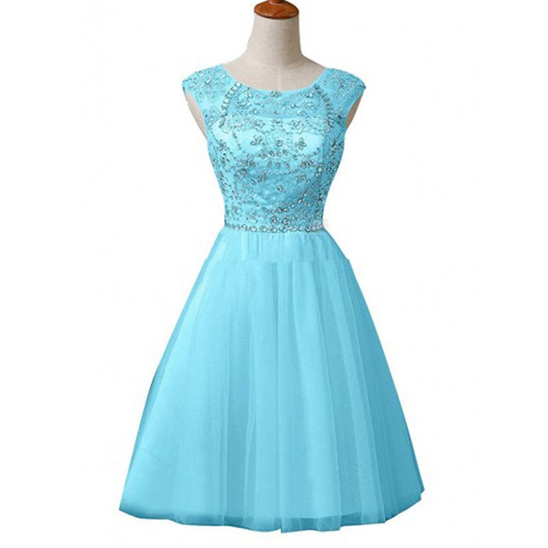 Dramatic Jewel Sleeveless Knee-Length Blue Homecoming Dress with Beading Rhinestones