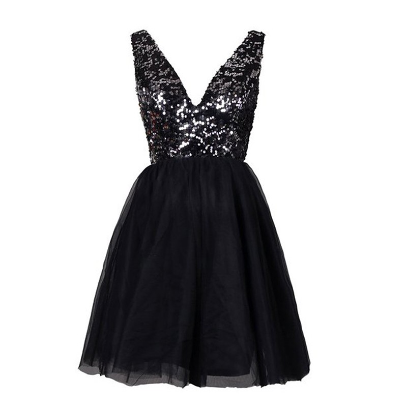 Classic V-neck Sleeveless Short Open Back Black Homecoming Dress with Sequins