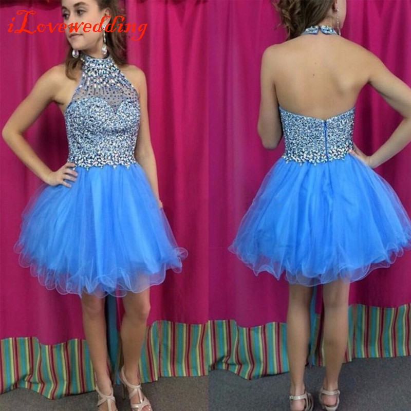 Stunning High Neck Open Back Short Blue Homecoming Dress with Beading