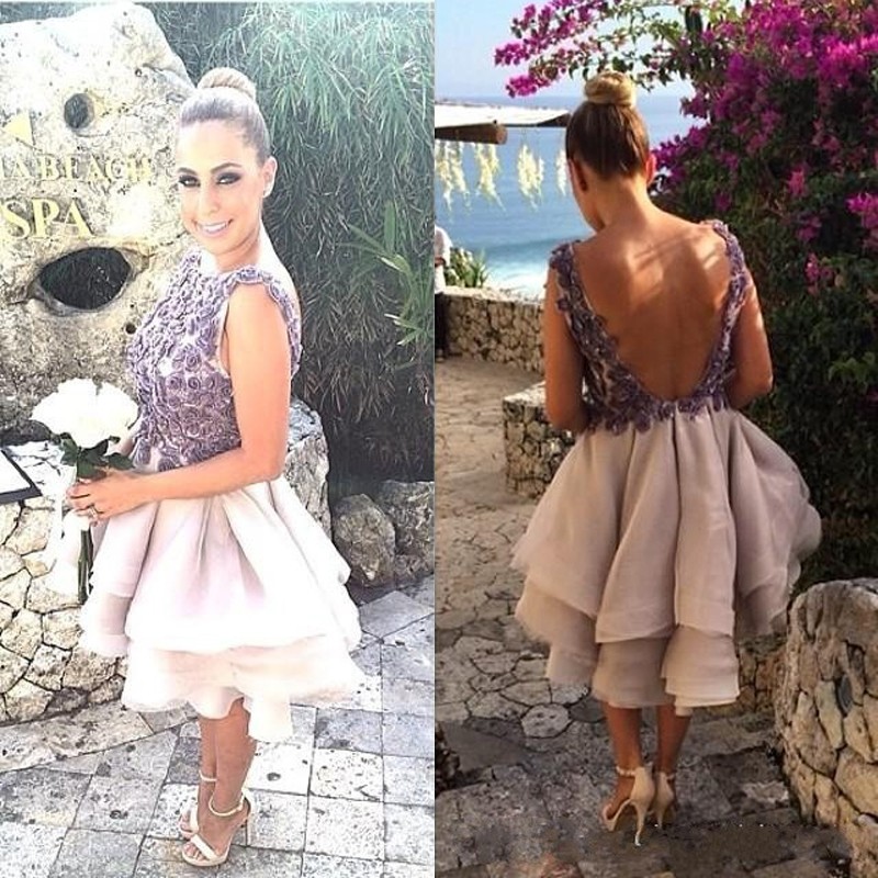 Exquisite Bateau Sleeves Backless Short Champagne Homecoming Dress with Lavender Appliques