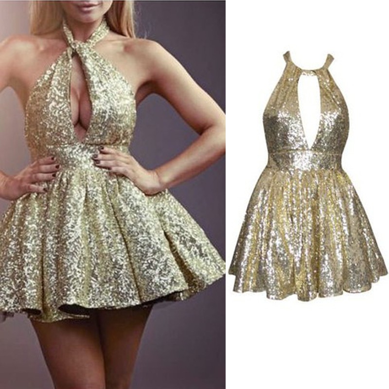 Hot Selling Halter Sleeveless Short Gold Sequins Homecoming Dress with Key Hole