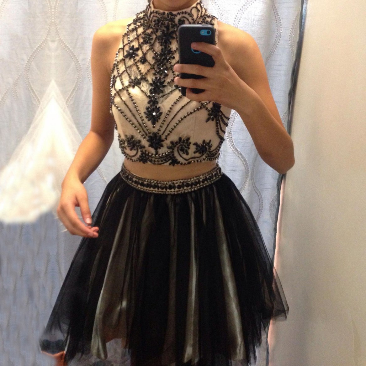 Sexy Two Piece High Neck Short Black Homecoming Dress with Beading Rhinestones