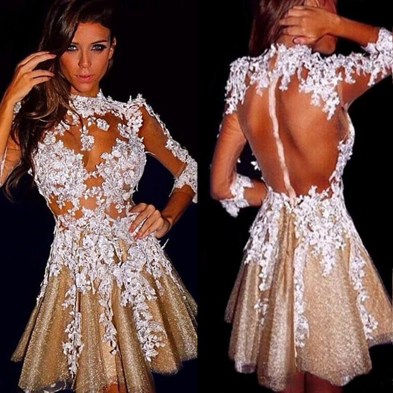 Stunning 3/4 Sleeves Scalloped-Edge Short Gold Homecoming Dress with White Appliques Illusion Back