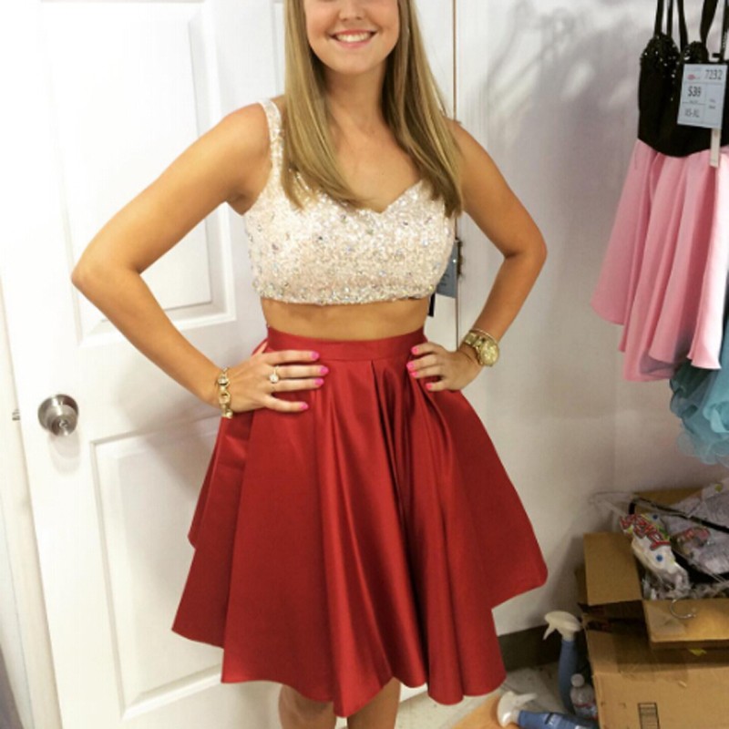 Stylish Two Piece V-neck Open Back Short Red Homecoming Dress with Sequined Top