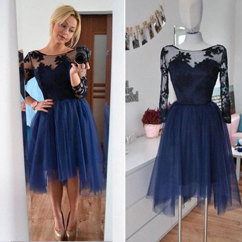 Generous 3/4 Sleeves Bateau Neck Asymmetry Navy Homecoming Dress with Lace Top Under 100