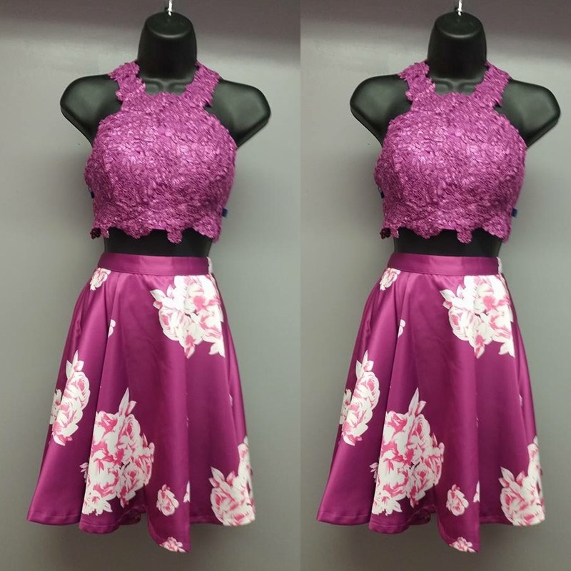 High Quality Two Piece Jewel Sleeveless Knee-Length Fuchsia Floral Homecoming Dress with Appliques