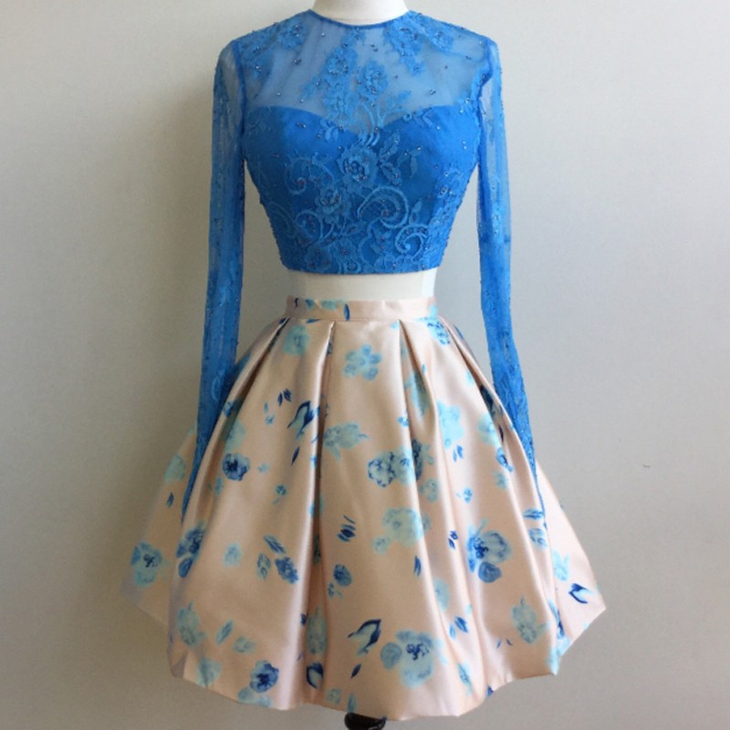 Stylish Two Piece Jewel Long Sleeves Short Floral Sky Blue Homecoming Dress with Lace Top Beading