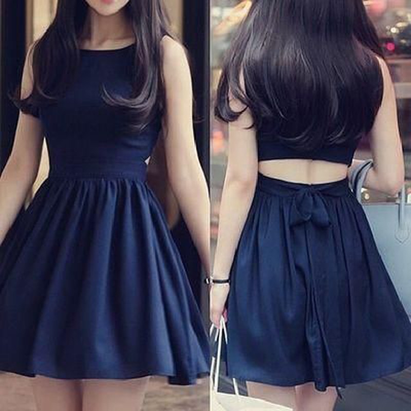 Classic Bateau Sleeveless Short Navy Blue Homecoming Dress Open Back with Bowknot
