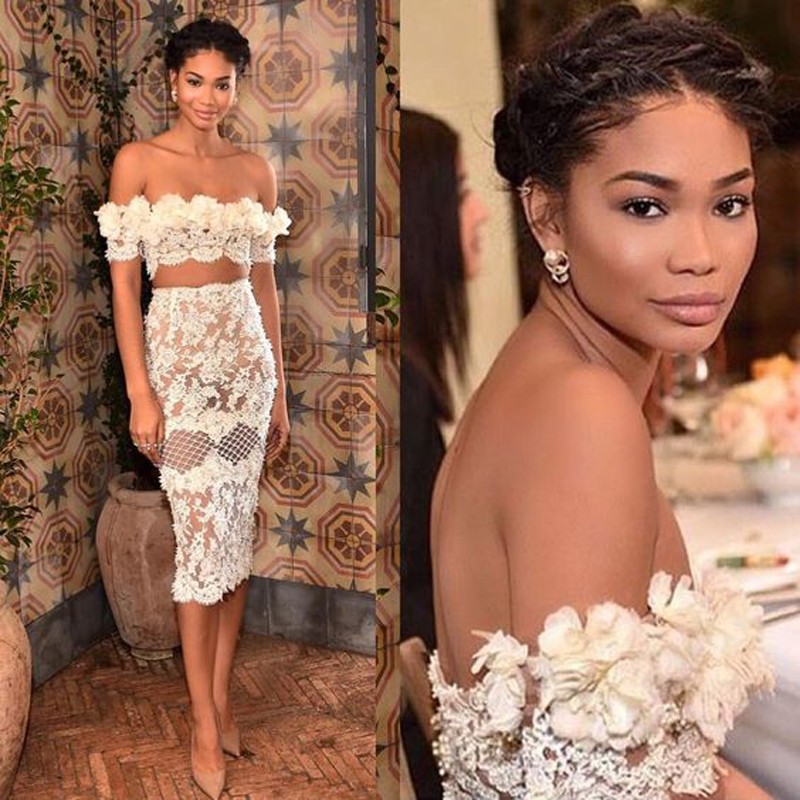Sexy Two Piece Off Shoulder Mid-Calf Sheath White Lace Homecoming Dress Illusion