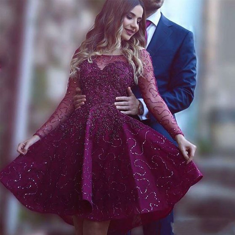 Honorable Long Sleeves Bateau Neck Knee-Length Grape Homecoming Dress with Beading