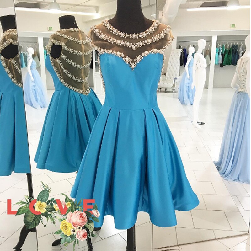Trendy Jewel Cap Sleeves Knee-Length Blue Satin Homecoming Dress with Pearls Illusion Back