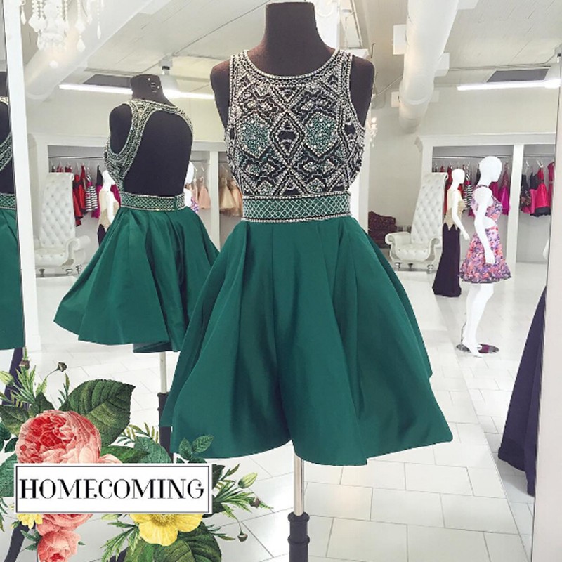 Stylish Backless Jewel Sleeveless Green Short Homecoming Dress with Beading