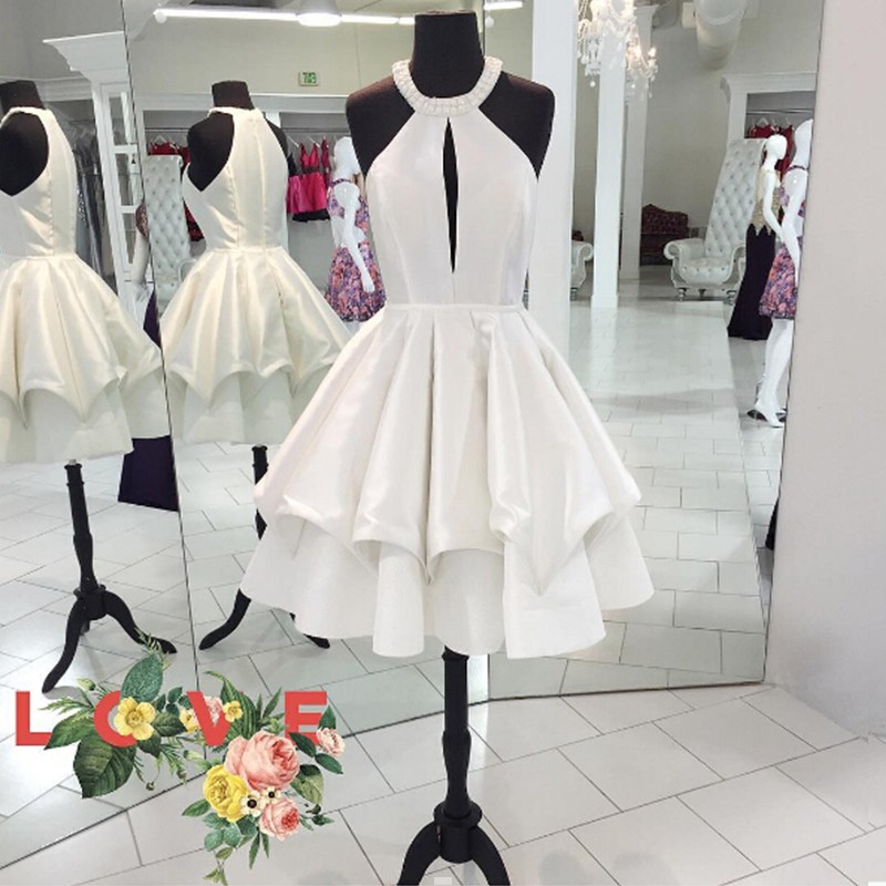 Unique Jewel Key Hole Front Knee-Length White Homecoming Dress with Beading Tiered