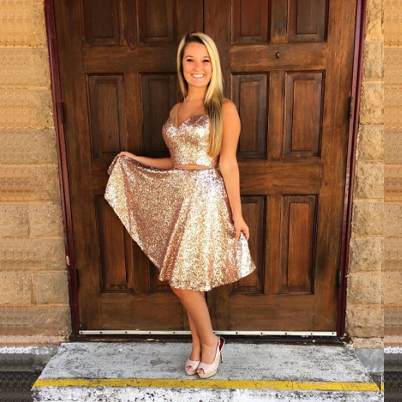 Pretty Two Piece V-neck Knee-Length Gold Sequined Homecoming Dress