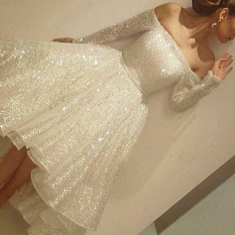 White Sequined Prom Homecoming Dress - Off Shoulder Long Sleeves Hi-Low with Sash