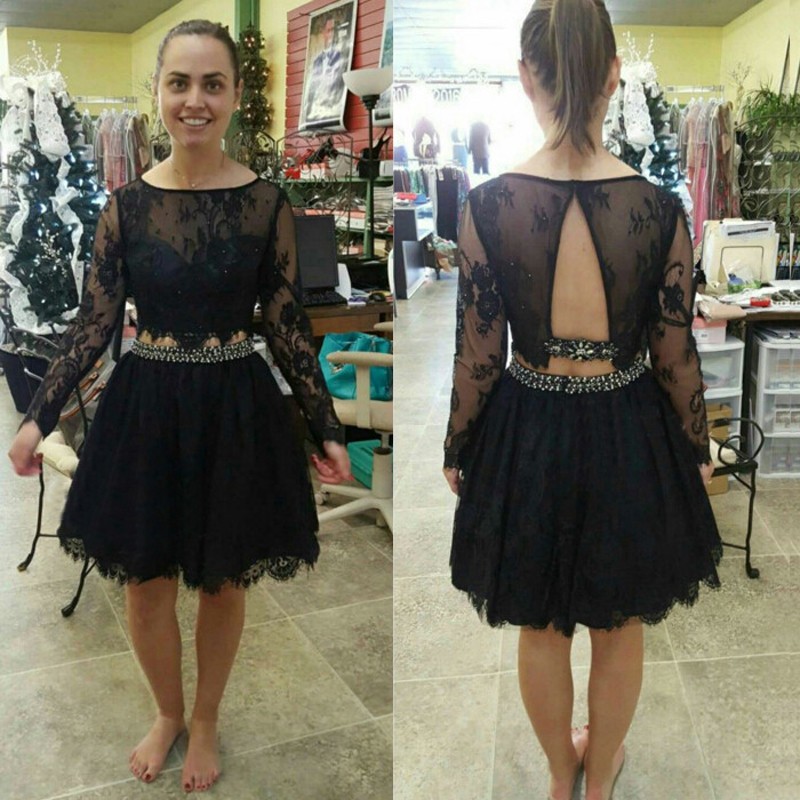 Sexy Cheap Homecoming Dress - Long Sleeves Black Lace with Beading Open Back Under 100
