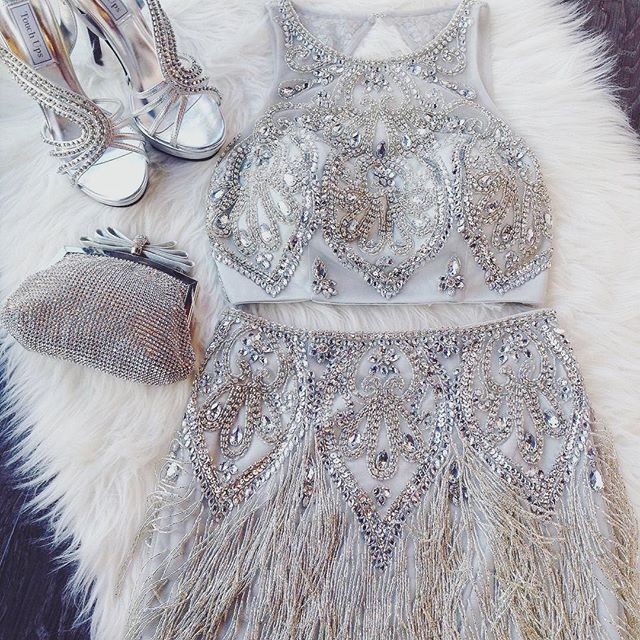 Homecoming Dress-2 Piece Silver Beading Short with Tassel
