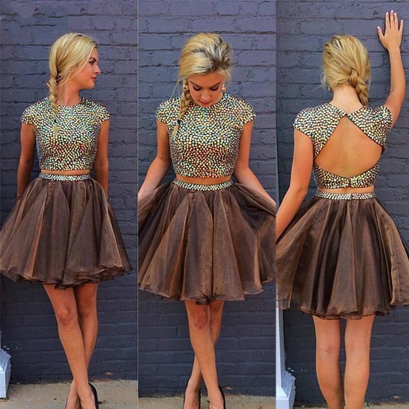 Chic Two Piece Homecoming Dress - Jewel Cap Sleeves Short Chocolate with Beading Open Back