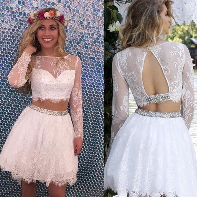 Modern 2 Piece Homecoming Dress - Short White Lace with Long Sleeves Beaded Open Back