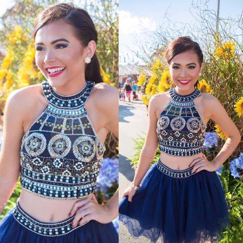 Chic 2 Piece Short Homecoming Dress - Navy/Royal Blue with Beading
