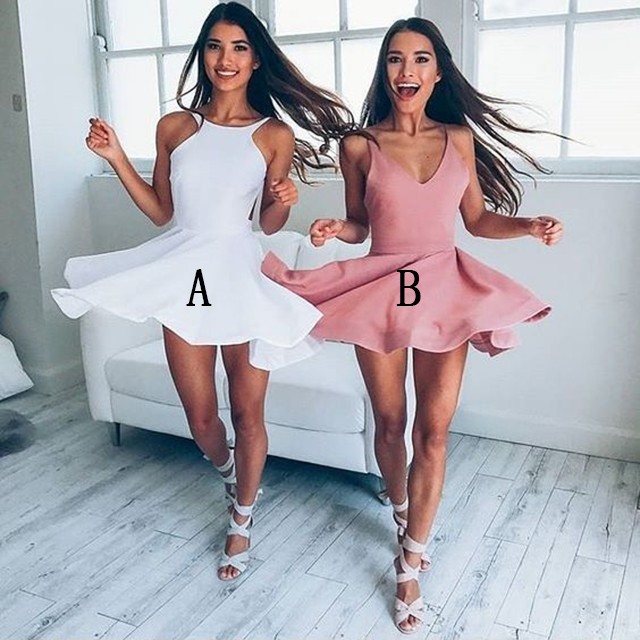 A-Line Jewel Backless Sleeveless Short White/Blush Satin Homecoming Dress