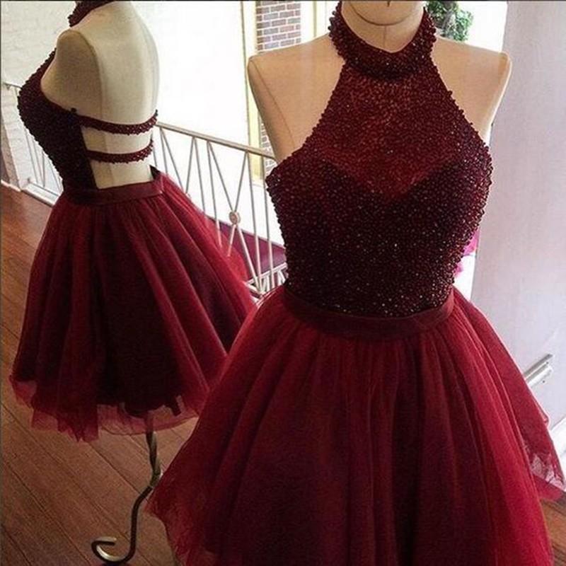A-Line Halter Backless Short Burgundy Tulle Homecoming Dress with Beading