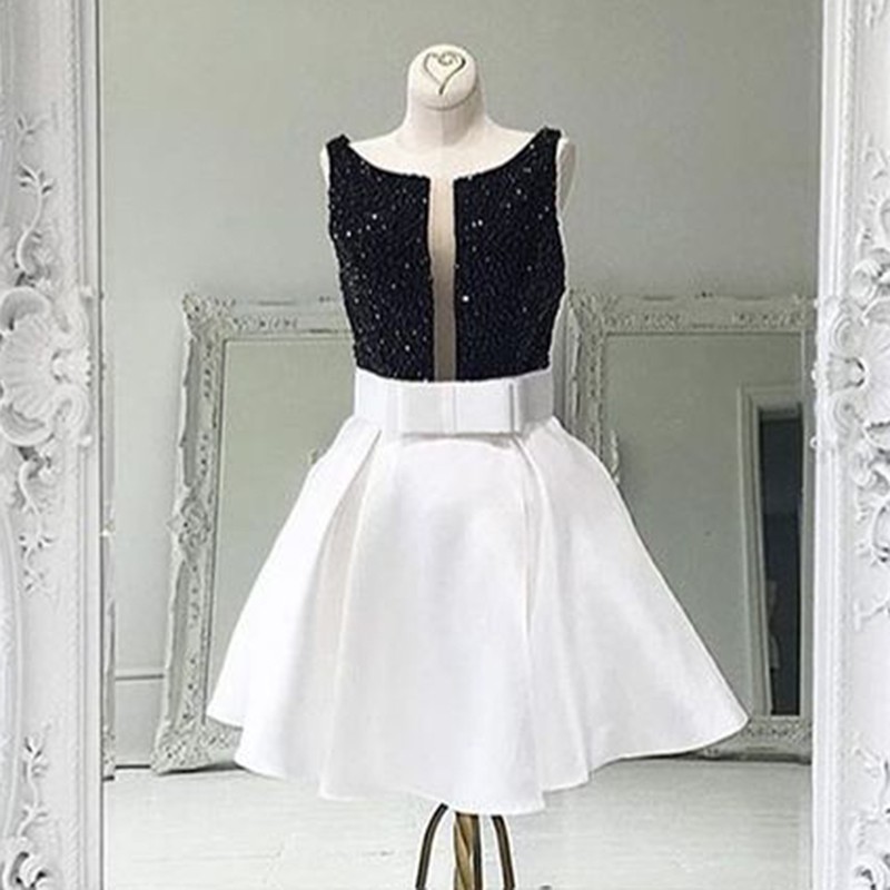 Short White Prom Homecoming Dress - Bateau Sleeveless with Beading Bowknot