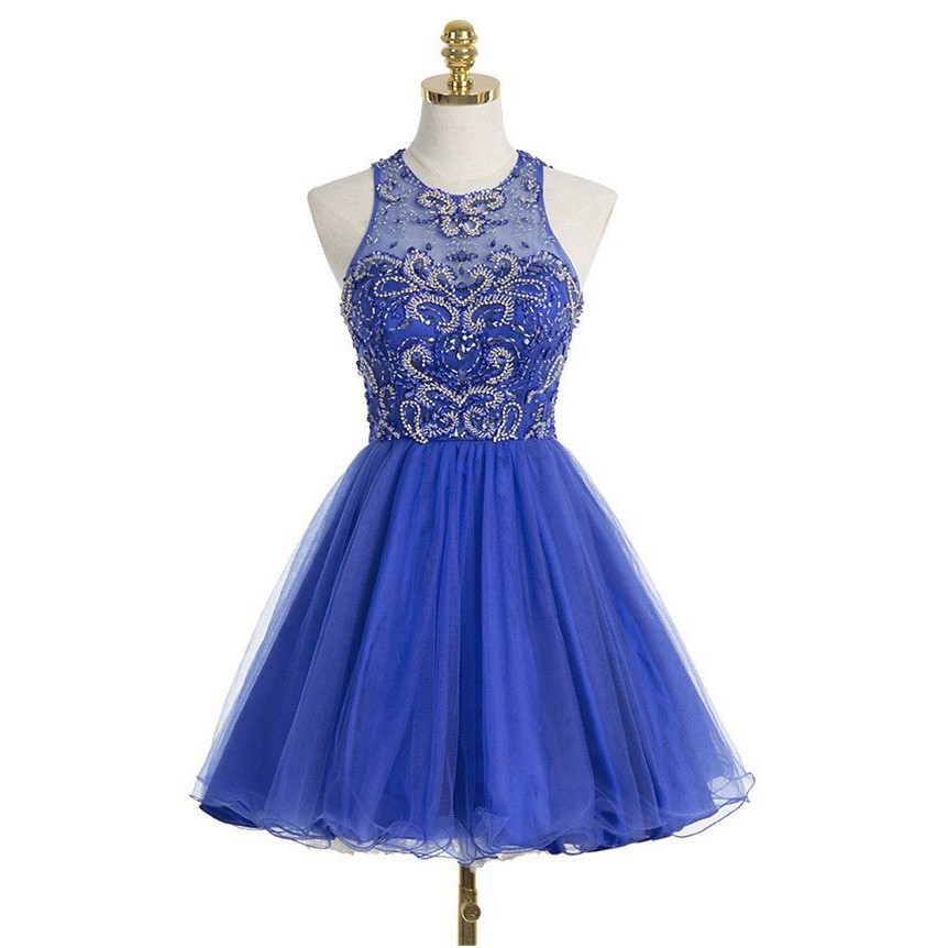 A-Line Jewel Short Sky Blue Tulle Prom Homecoming Dress with Beading Open Back