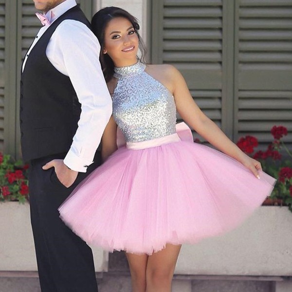 Ball Gown High Neck Short Pink Tulle Homecoming Dress with Sequins Bowknot