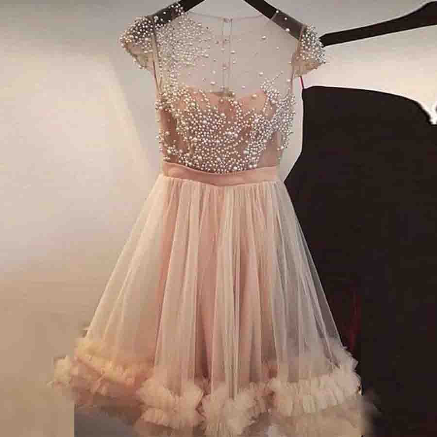 A-Line Jewel Short Champagne Tulle Homecoming Dress with Pearls