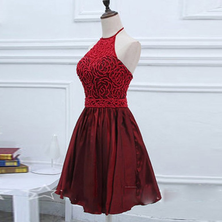 A-Line Halter Short Dark Red Taffeta Homecoming Dress with Beading