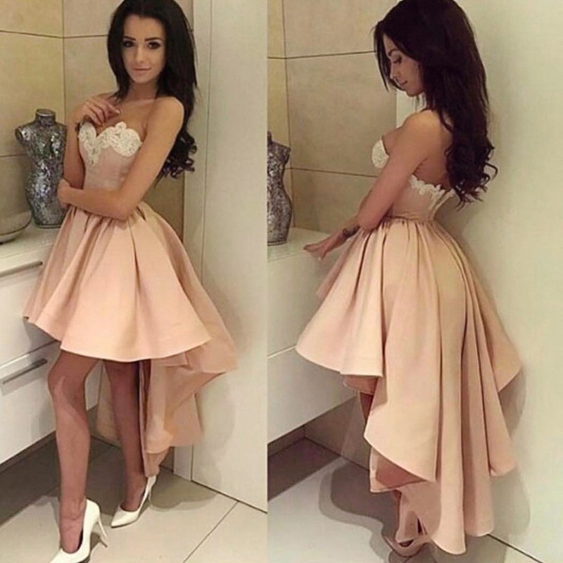 High Low Sweetheart Sleeveless Champagne Satin Homecoming Dress with Appliques