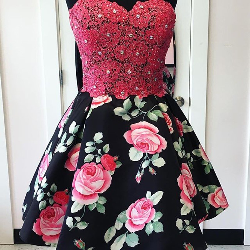 A-Line Sweetheart Short Black Floral Satin Homecoming Dress with Beading Lace