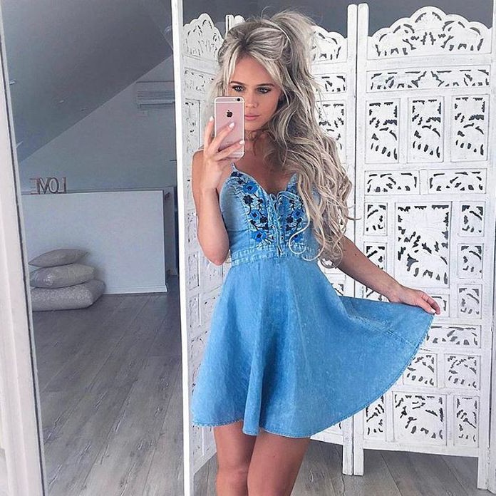 A-Line Spaghetti Straps Short Sky Blue Denim Homecoming Dress with Embroidery